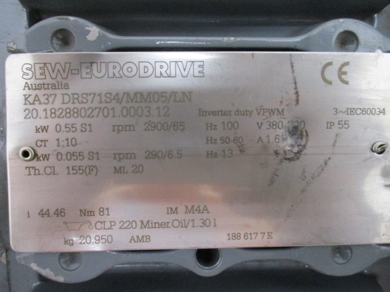 SEW-EURODRIVE KA37DRS71S4/MM05/LN 20.1828802701.0003.12 380-500V 1.60A (AS PICTURED) NSNP