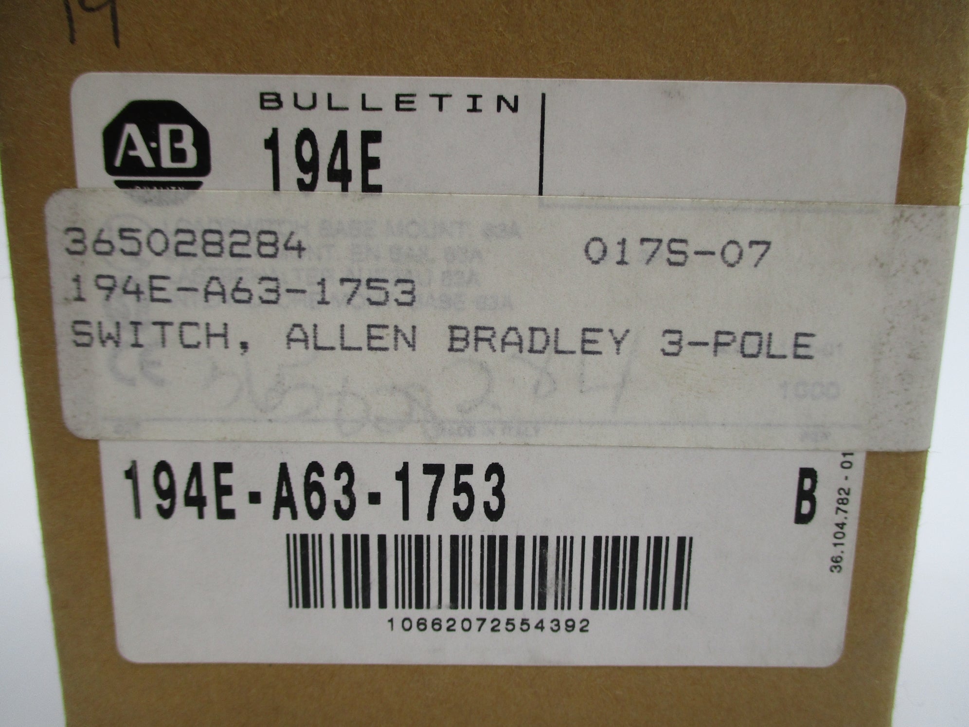ALLEN BRADLEY 194E-A63-1753 SER. B 690V 63A (BR/WH) NSMP