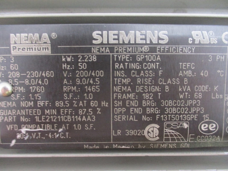 SIEMENS 1LE21211CB114AA3 208-230/460V 9.0/4.5A NSNP