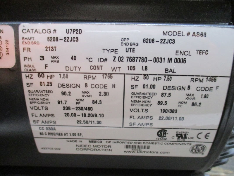 US MOTORS AS68 U7P2D 208-230/460V 20.00-18.20/9.10A NSNP