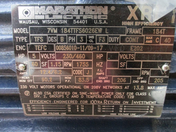 MARATHON ELECTRIC 7VM 184TTFS6026EWL 230/460V 12.4/6.2A NSNP