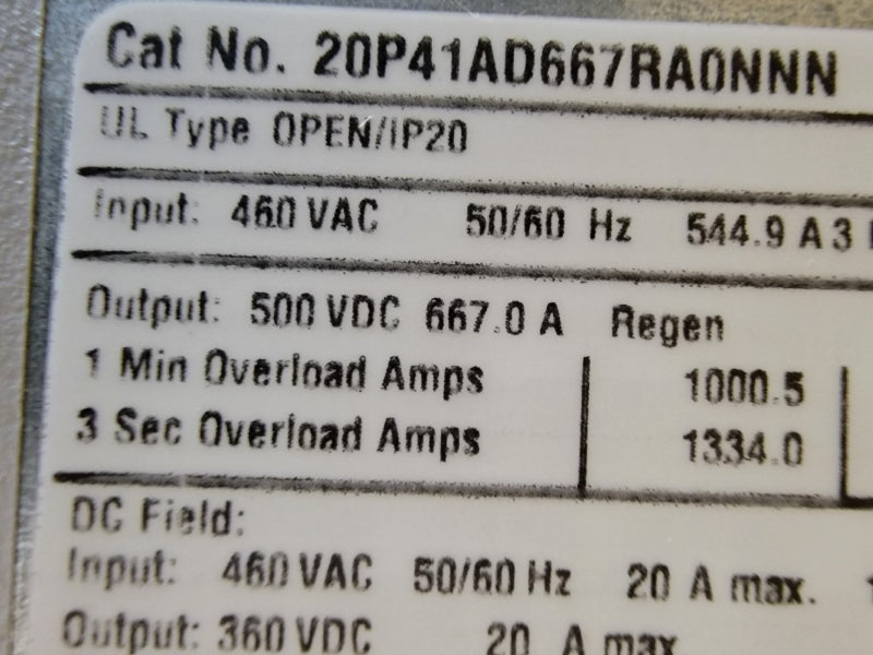 ALLEN BRADLEY 20P41AD667RA0NNN SER. A F/W 7.001 460VAC 667.0A NSMP