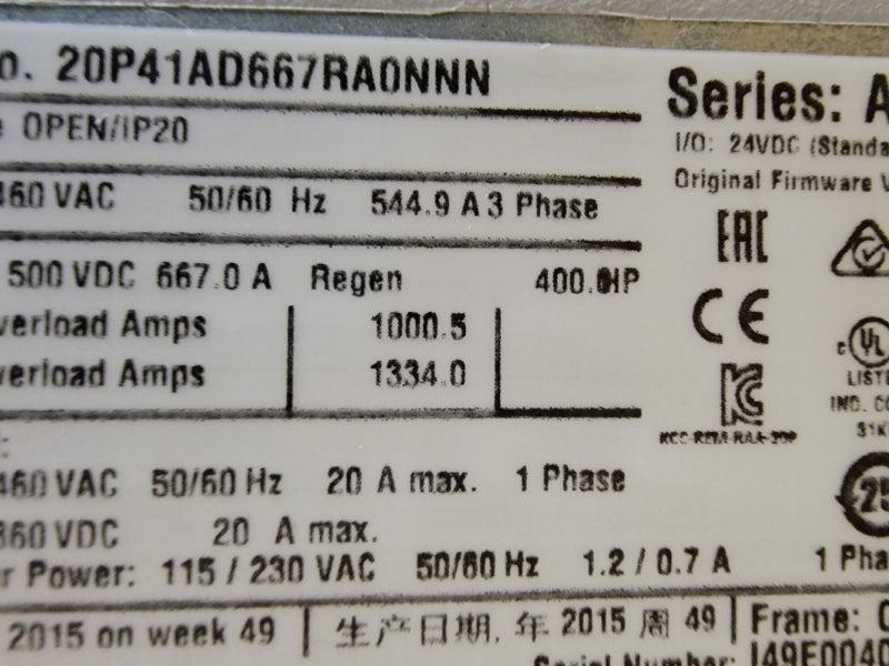 ALLEN BRADLEY 20P41AD667RA0NNN SER. A F/W 7.001 460VAC 667.0A NSMP