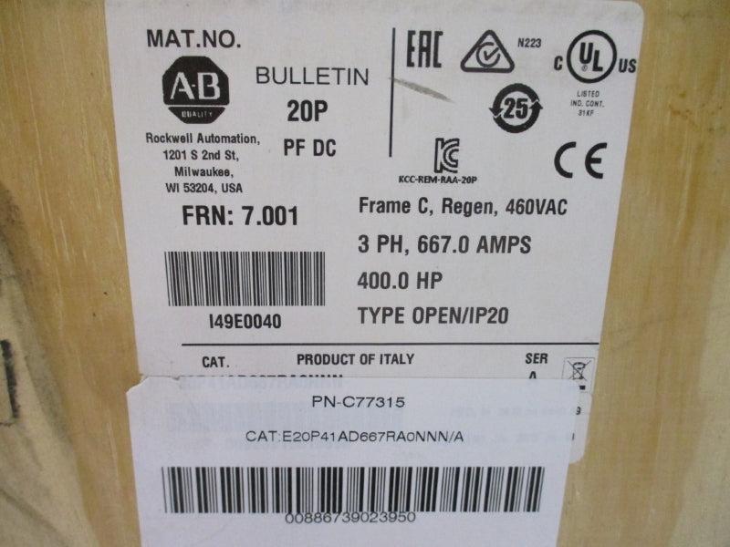 ALLEN BRADLEY 20P41AD667RA0NNN SER. A F/W 7.001 460VAC 667.0A NSMP