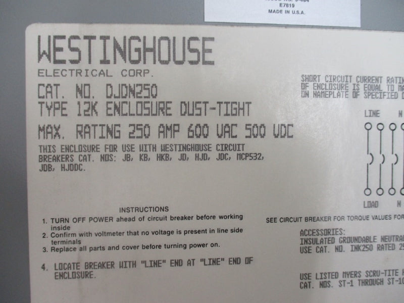WESTINGHOUSE DJDN250 600VAC 250A NSNP