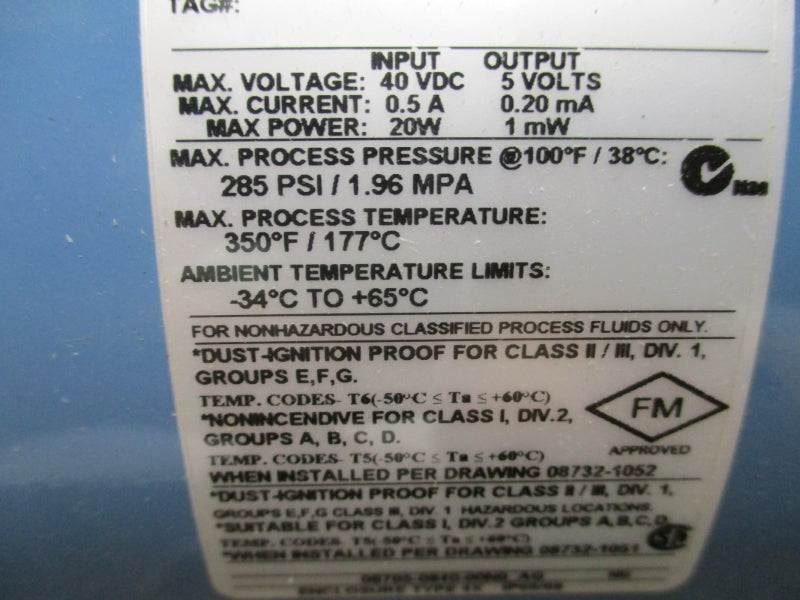 ROSEMOUNT 8705TSA040C1W0N0 40VDC 0.5A 285PSI 350'F NSNP