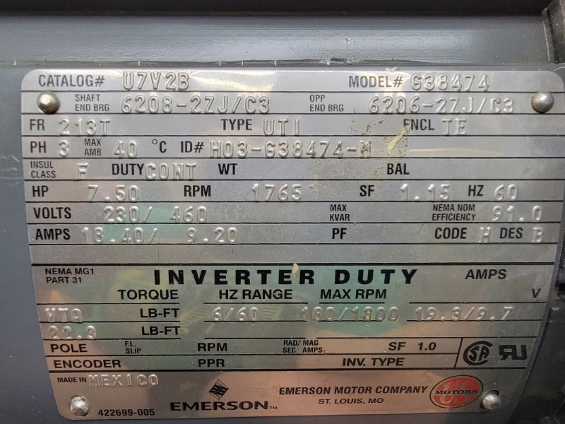 US MOTORS U7V2B 638474 230/460V 18.40/9.20A NSNP