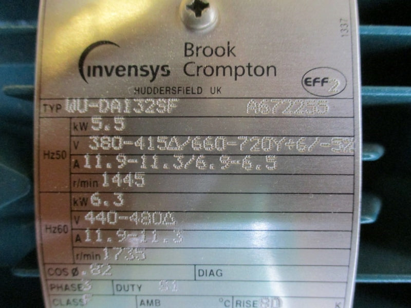 BROOK CROMPTON WU-DA132SF 380-415/660-720V 11.9-11.3/6.9-6.5A NSNP