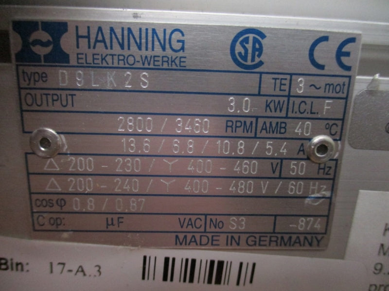 HANNING ELEKTRO-WERKE D9LK2S 200-240/400-480V 13.6/6.8/10.8/5.4A NSNP