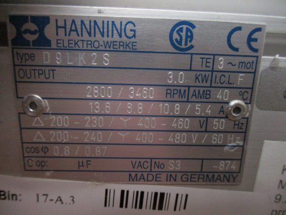 HANNING ELEKTRO-WERKE D9LK2S 200-240/400-480V 13.6/6.8/10.8/5.4A NSNP