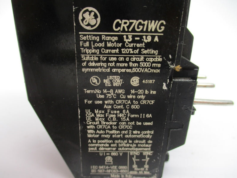 GENERAL ELECTRIC CR7G1WG 600VAC 1.3-1.9A NSNP