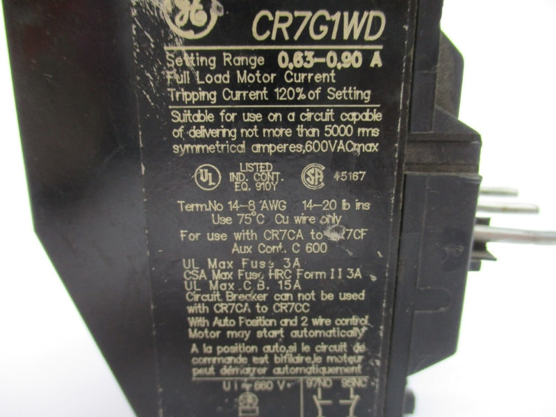GENERAL ELECTRIC CR7G1WD 600VAC 0.63-0.90A (AS PICTURED) NSNP