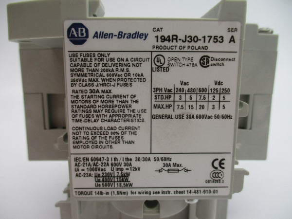 ALLEN BRADLEY 194R-J30-1753 SER. A 600VAC 30A (BR/WH) NSMP