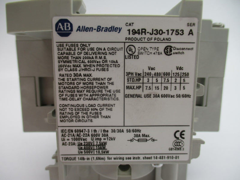 ALLEN BRADLEY 194R-J30-1753 SER. A 600VAC 30A (BR/WH) NSMP