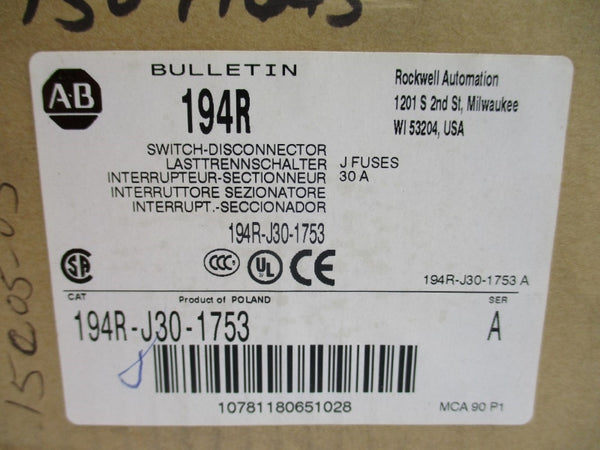 ALLEN BRADLEY 194R-J30-1753 SER. A 600VAC 30A (BR/WH) NSMP