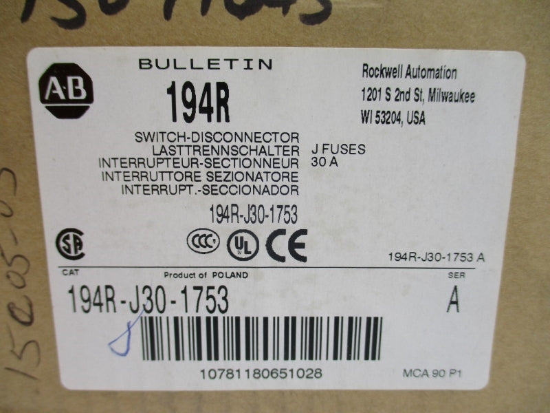 ALLEN BRADLEY 194R-J30-1753 SER. A 600VAC 30A (BR/WH) NSMP