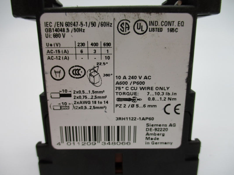 SIEMENS 3RH1122-1AP60 220/240V 10A NUPI