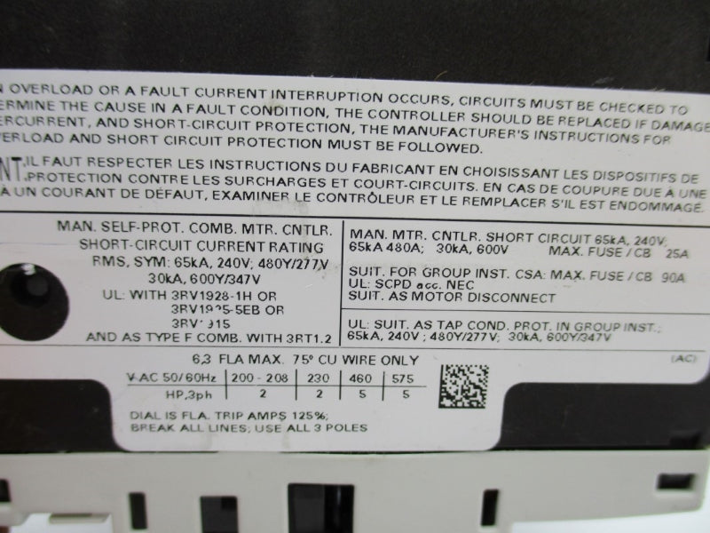 SIEMENS 3RV1021-1GA10 240V 4.5-6.3A NUPI
