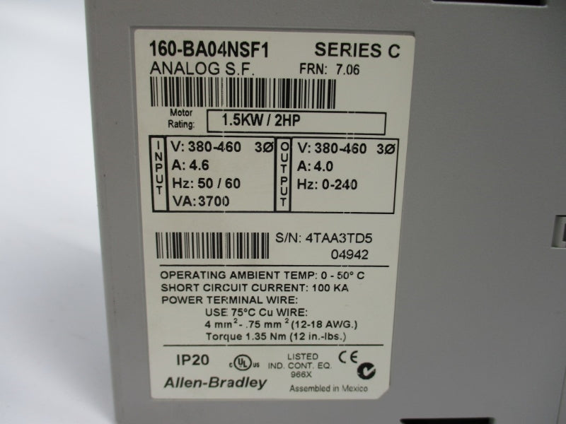 ALLEN BRADLEY 160-BA04NSF1 SER. C F/W 7.06 380-460V 4.6A NSNP