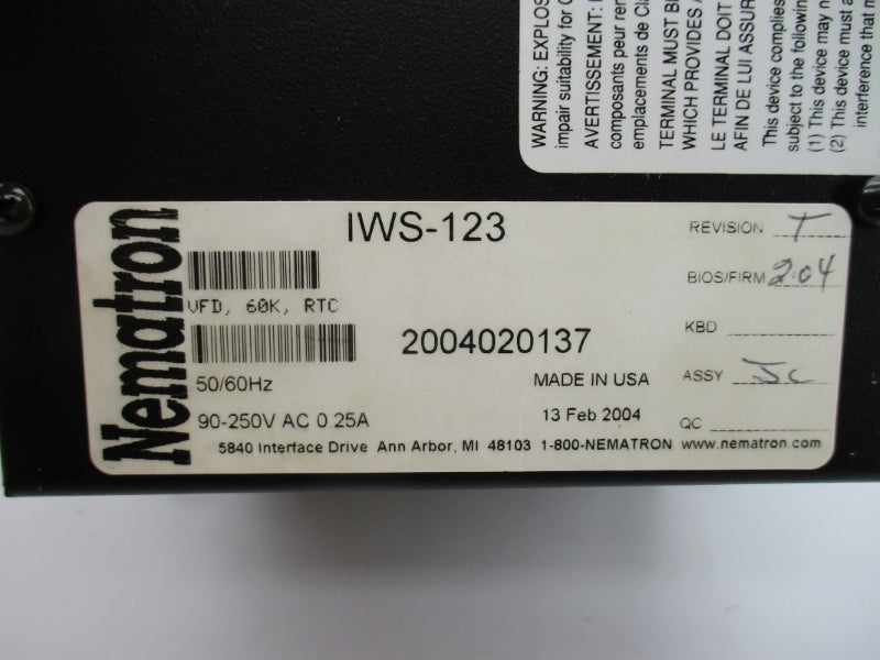 NEMATRON IWS-123 90-250VAC 0.25A (AS PICTURED) NSMP