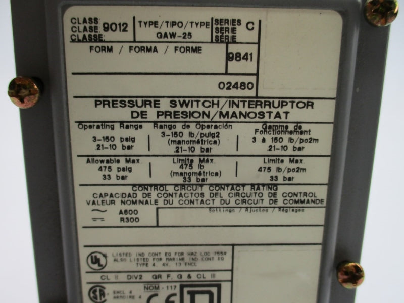SQUARE D 9012GAW25 SER. C 3-150PSI NSNP