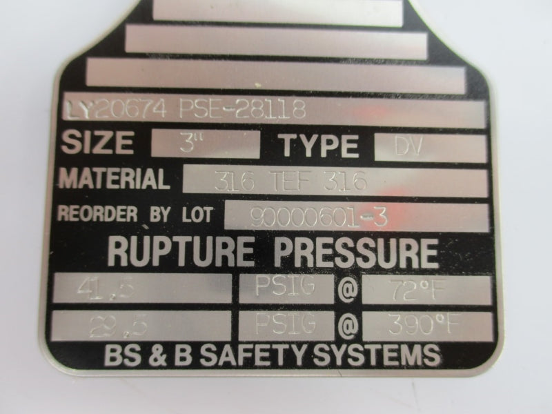 BS&B SAFETY SYSTEMS LY20674PSE-2818 41.5PSI 390'F 3" NSNP