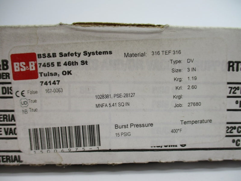 BS&B SAFETY SYSTEMS 1028381 PSE-28127 15PSI 400'F 3" NSMP