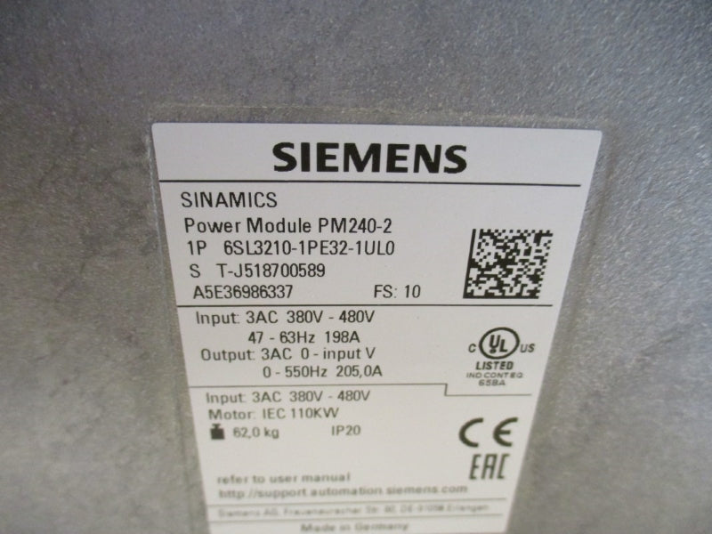 SIEMENS 6SL3210-1PE32-1UL0 380/480VAC 198A NSMP