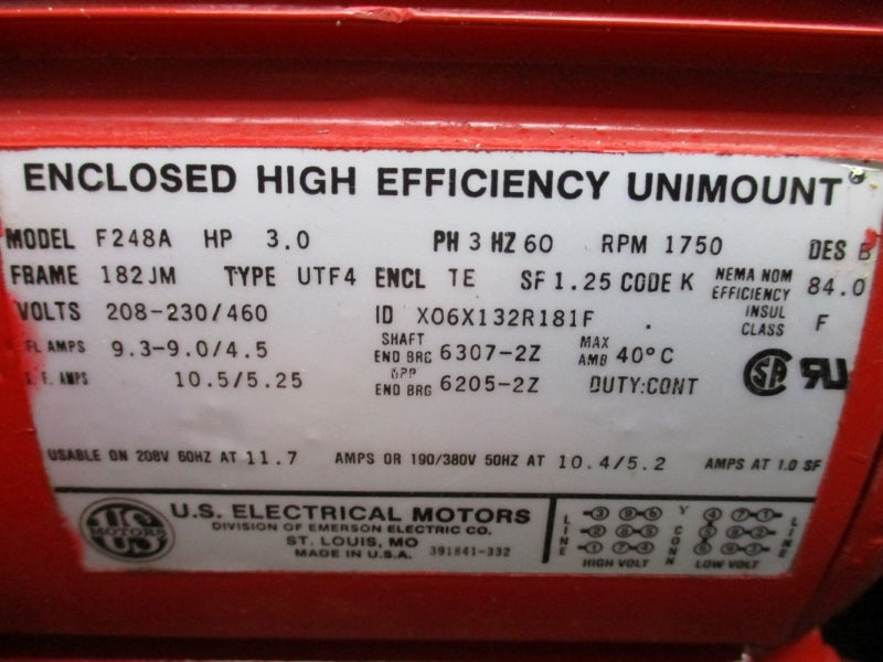 BELL & GOSSETT SERIES 80 2X9.5B 8375BF US ELECTRIC F248A 208-230/460V 9.3-9.0/4.5A 175PSI NSNP