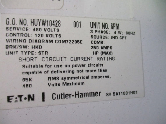 EATON SIZE 5 MCC BUCKET W/ A200M5CXXZ1 AND HKD BREAKER 480V 350A NSNP