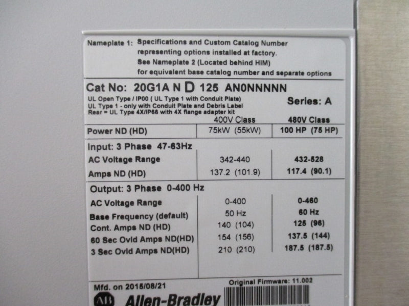 ALLEN BRADLEY 20G1AND125AN0NNNNN SER. A F/W 11.002 480VAC 125A NSMP