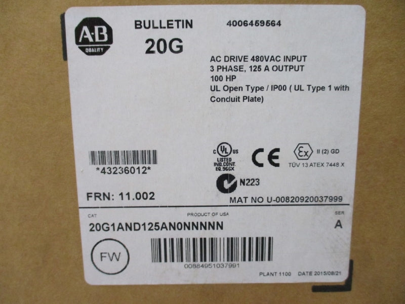 ALLEN BRADLEY 20G1AND125AN0NNNNN SER. A F/W 11.002 480VAC 125A NSMP