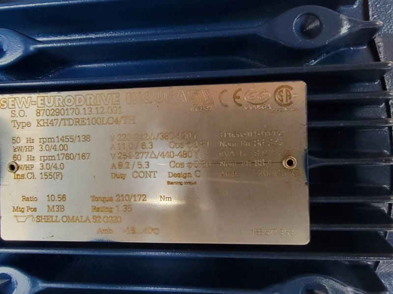 SEW EURODRIVE KH47/TDRE100LC4/TH 440/480V 11.0/6.3A NSMP