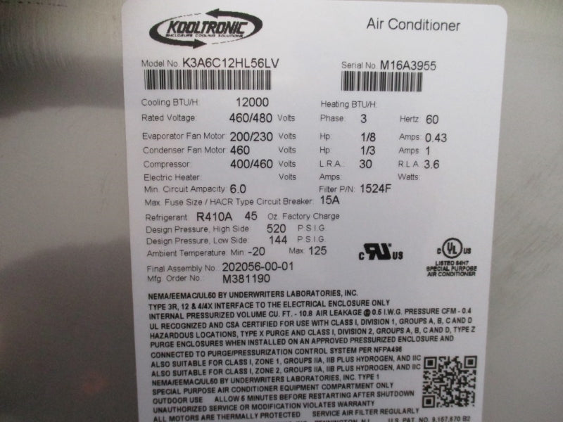 KOOLTRONIC K3A6C12HL56LV 460/480V 30A 520PSI NSMP