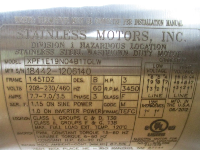 STAINLESS MOTORS WASHDOWN 3 HP XPF1E19N04BITOLW 208-230/460V 7.7-7.0/3.5A NSMP