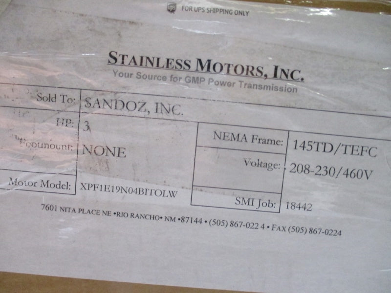STAINLESS MOTORS WASHDOWN 3 HP XPF1E19N04BITOLW 208-230/460V 7.7-7.0/3.5A NSMP
