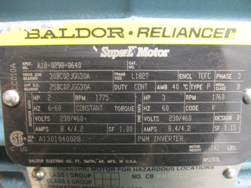 BALDOR A18-0298-0640 L182T 230/460V 8.4/4.2A NSNP