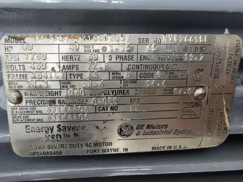 GENERAL ELECTRIC 364TC 60 HP BKS364SS2168D20W7 460V 72.8A REMAN