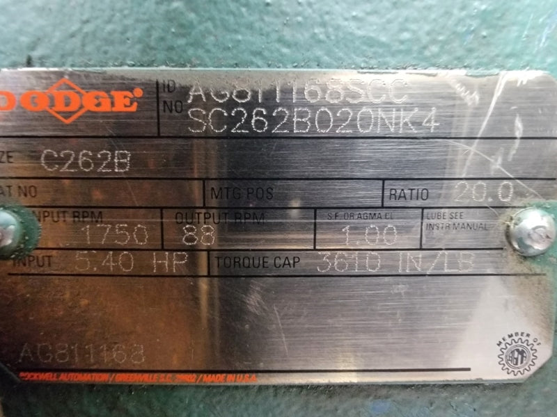 DODGE AG811168SCC 5.40 INPUT 1750 RPM SC262B020NK4 NSNP
