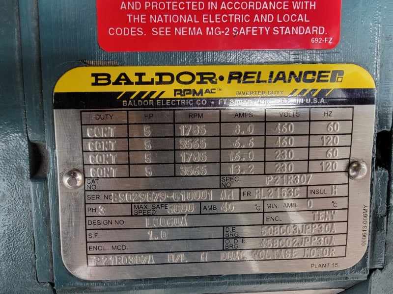 BALDOR P21R307 5 HP 3 PH 1785 RPM 460V 16.0A NSMP
