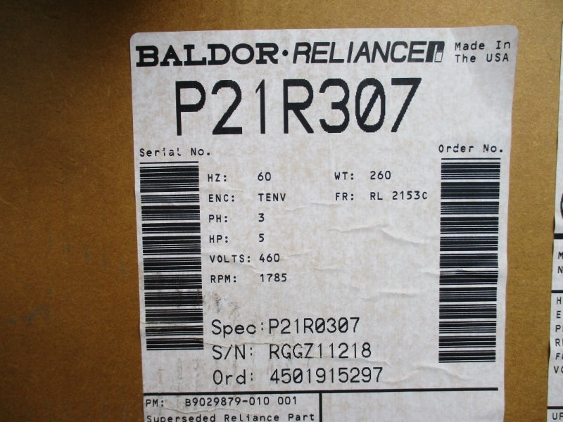 BALDOR P21R307 5 HP 3 PH 1785 RPM 460V 16.0A NSMP