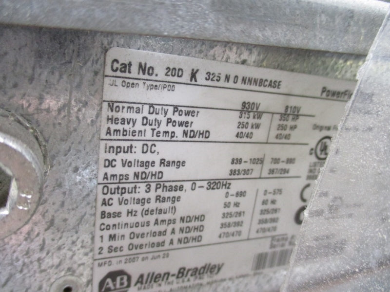 ALLEN BRADLEY POWERFLEX 700S 20DK325N0NNNBCASE SER. B F/W 4.001 839-1025VDC 383/307A W/ RAM416NNNN SER. B UNMP
