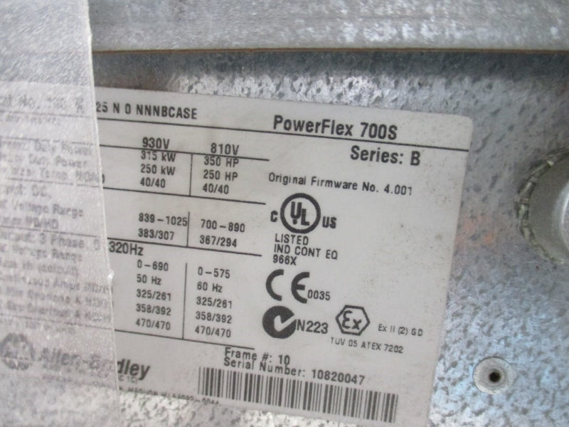 ALLEN BRADLEY POWERFLEX 700S 20DK325N0NNNBCASE SER. B F/W 4.001 839-1025VDC 383/307A W/ RAM416NNNN SER. B UNMP