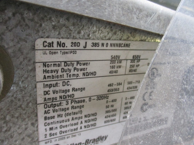 ALLEN BRADLEY POWERFLEX 700S 20DJ385N0NNNBCANE SER. A F/W 3.001 583-713VDC 453/353A W/ RAJ500NNNN UNMP