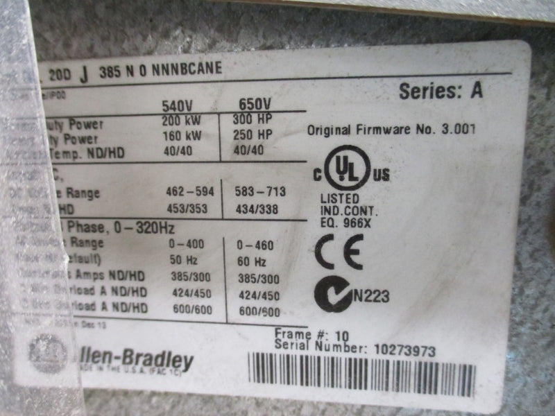 ALLEN BRADLEY POWERFLEX 700S 20DJ385N0NNNBCANE SER. A F/W 3.001 583-713VDC 453/353A W/ RAJ500NNNN UNMP