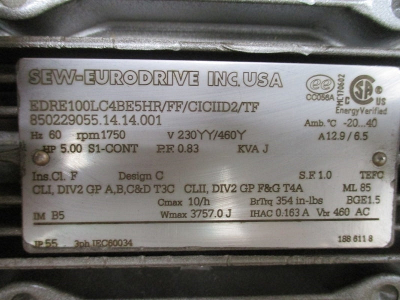 SEW EURODRIVE EDRE100LC4BE5HR/FF/CICIID2/TF 230/460V 12.9/6.5A NSMP