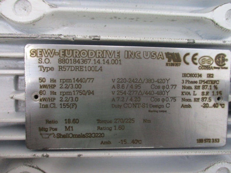 SEW EURODRIVE R57DRE100L4 440/480V 8.6/4.95A NSMP
