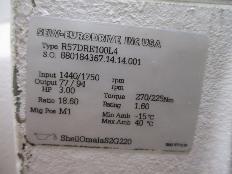 SEW EURODRIVE R57DRE100L4 440/480V 8.6/4.95A NSMP