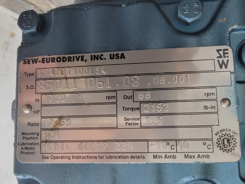 SEW EURODRIVE KH47DT100LS4 230/460V 8.6/4.3A NSNP