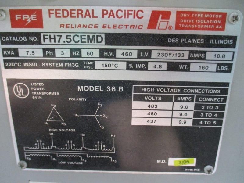 FEDERAL PACIFIC RELIANCE ELECTRIC FH7.5CEMD 460V 18.8A NSNP